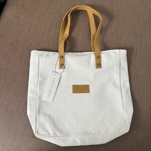 Cozy Earth Tote Bag Women Medium White Canvas Tan Faux Leather Zippered New
